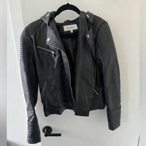 Large vegan leather black jacket button off hood moto faux leather jacket